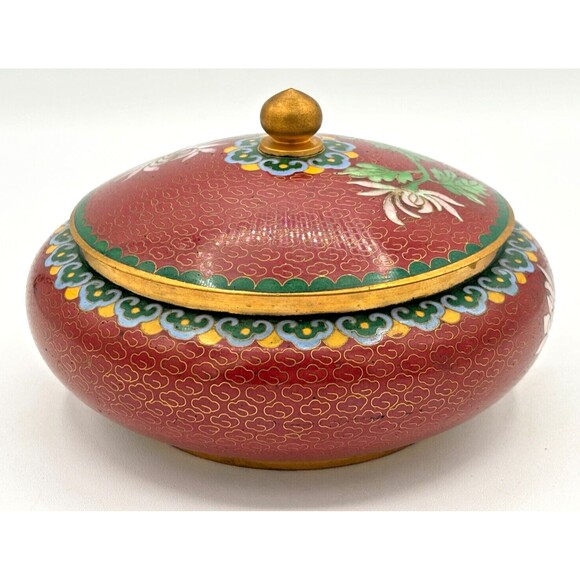 Vintage Chinese Cloisonné Enamel on Bronze Lidded Bowl Trinket Dish Floral Teal - Picture 4 of 16